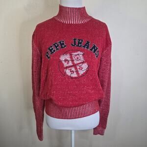 VTG PEPE JEANS LONDON Women’s Red Sweater Mock Neck Beaded Size XL